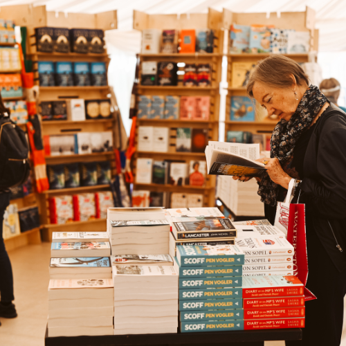 Person looking at books at the festival bookshop